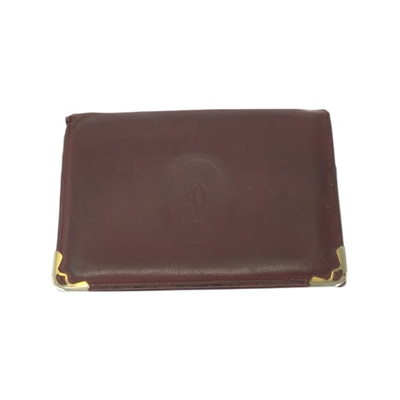 CARTIER Must Line Wine Red Leather Card Case with Gold Hardware for Women